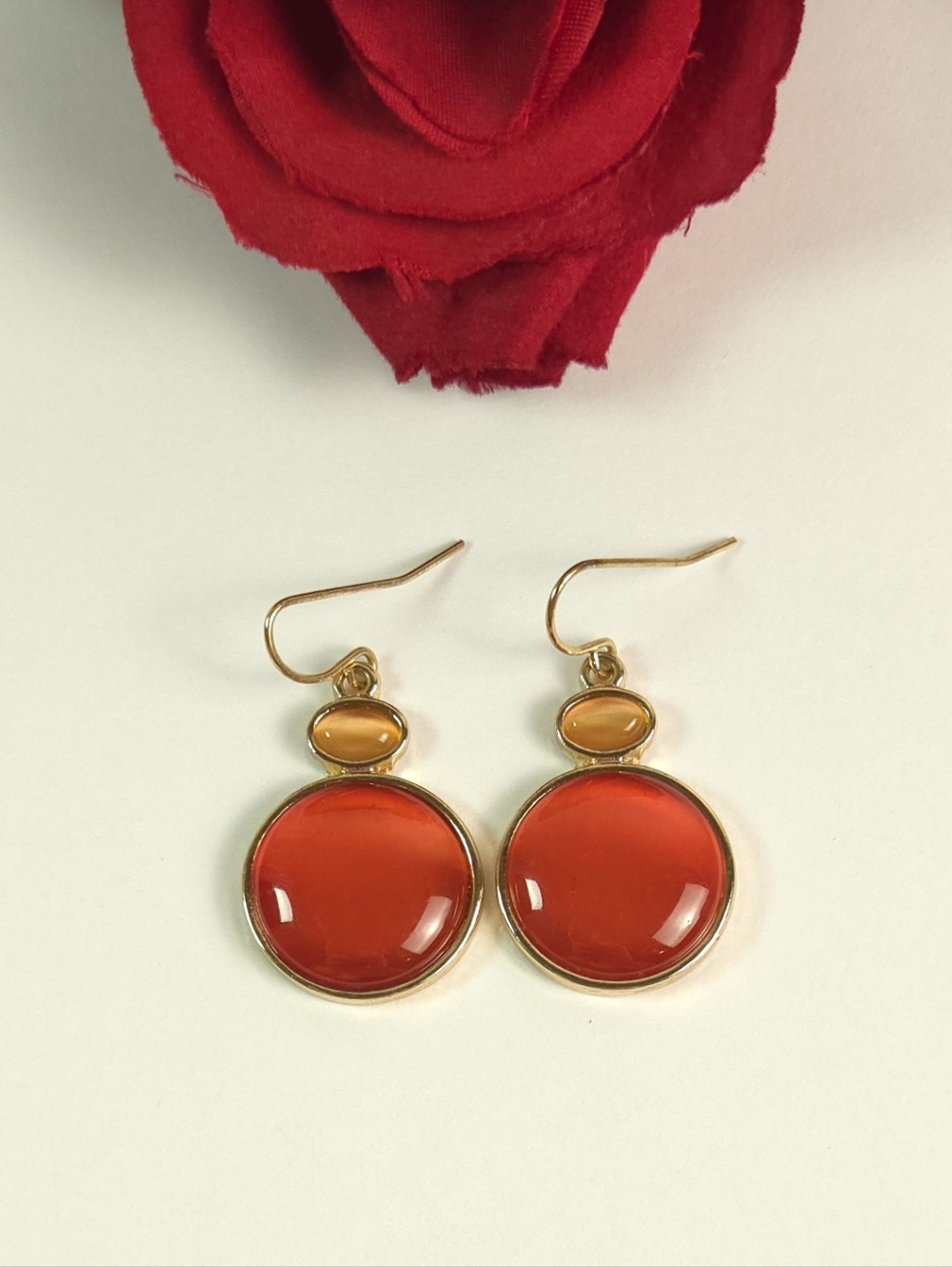Orange & Yellow Cats Eye Gold Tone Dangle Earrings